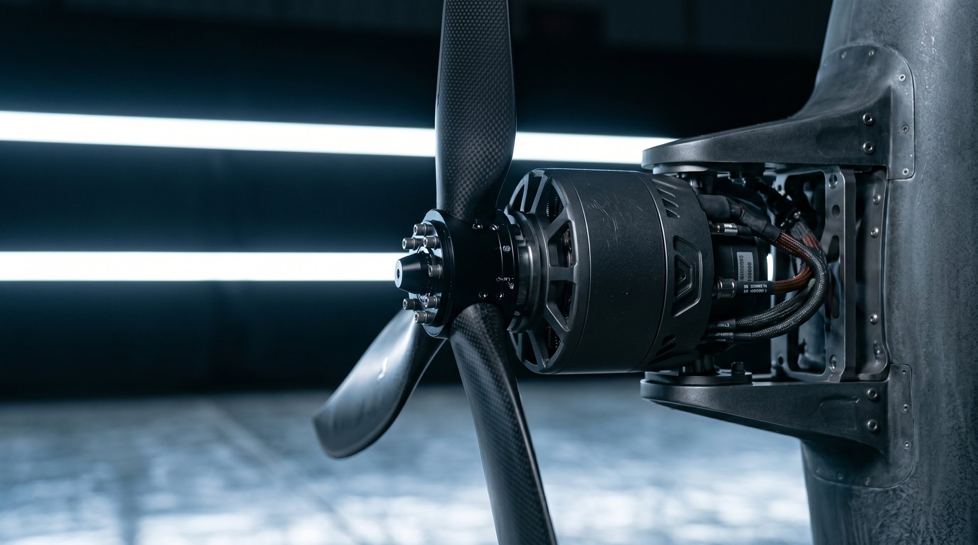 Macro close-up of a Varn Gjall outboard propeller hub: carbon-fibre blades on a brushless outrunner motor, mounted to the airframe with a tagged cable harness visible.