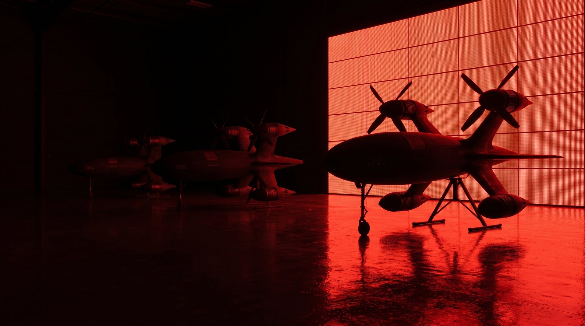Twin-prop autonomous aircraft silhouetted against a glowing red LED video wall inside a Varn hangar.