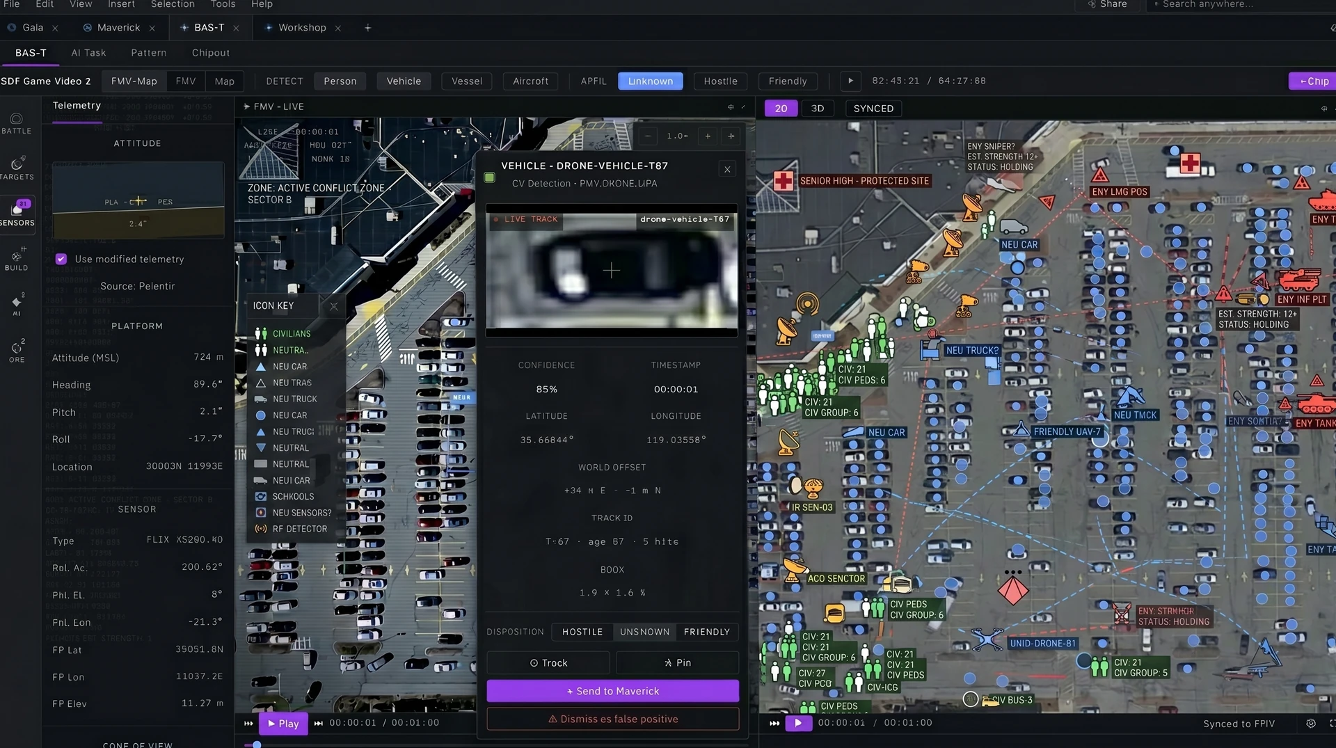 Heimdall asset detail view: telemetry panel on the left, a live drone surveillance feed in the centre with a target detection highlighted, and a satellite map of the same area on the right with friendly and hostile icons that mirror the detections from the video.