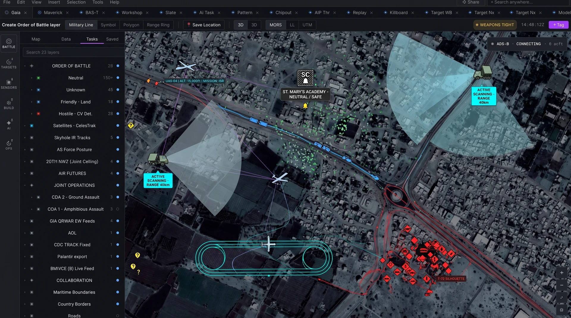 Heimdall common operational picture: a satellite map of a city with friendly, hostile and unknown unit layers stacked in a left panel, edit tools across the top.