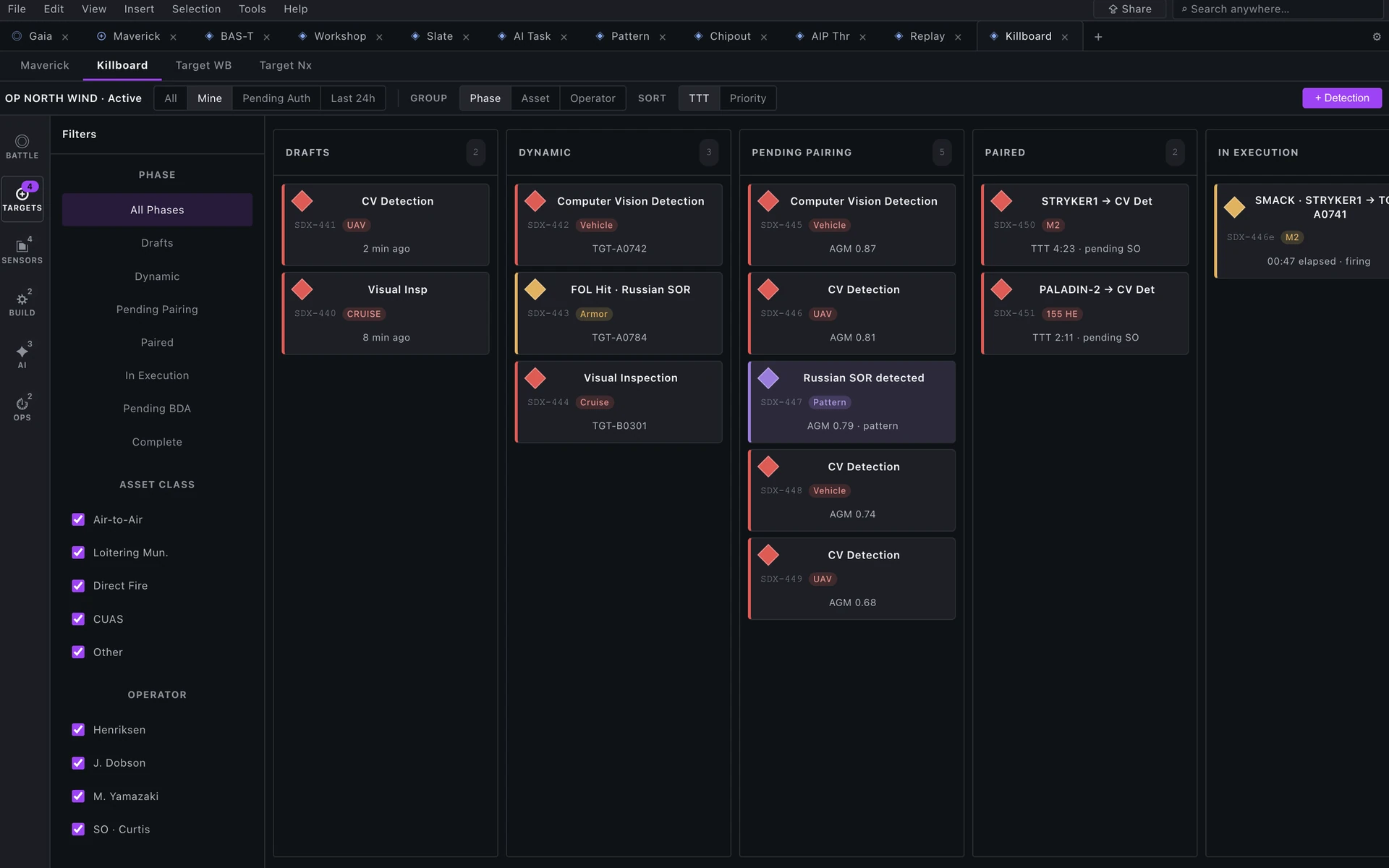 Heimdall engagement queue: a kanban-style board with columns from drafts to in execution, each card showing a detection paired to a fire option.