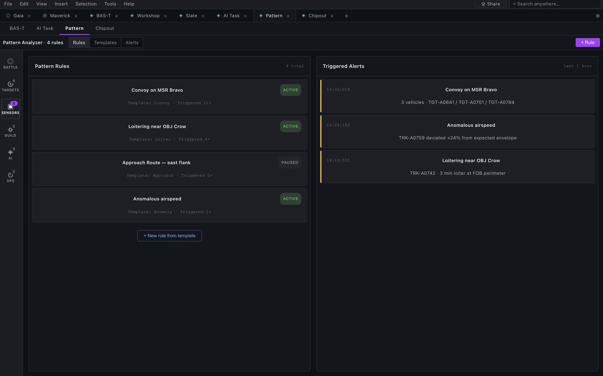 Heimdall pattern analyzer: a list of pattern rules on the left, a triggered alerts feed on the right, each alert tied to track IDs.