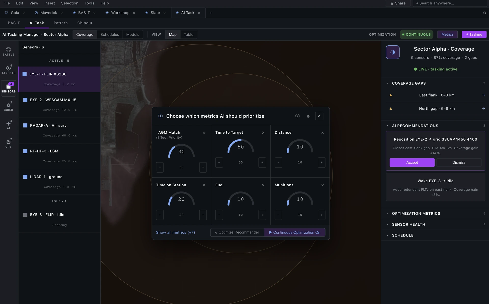 Heimdall AI tasking manager: a list of sensors on the left, a 'choose which metrics AI should prioritise' panel in the middle with weighted dials, sector coverage summary on the right.